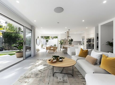 beautiful modern open plan living room and dining area in an australian home with sliding doors to t