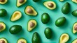 Fun pattern of whole and sliced avocados, meticulously arranged on a bright cyan backdrop, shot from above with studio lights