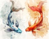 Two koi fish, one red and one blue, swim in a circle. The fish are painted in a watercolor style.