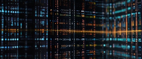 An abstract digital background with binary code and AI algorithms running in the background
