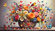 a vitamin bouquet, with flowers butterflies, hearts, love and colorful birds