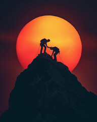 Wall Mural - The struggle of two climber friends who help each other to reach the top of the mountain against the sun at sunset. An illustration of togetherness in achieving success