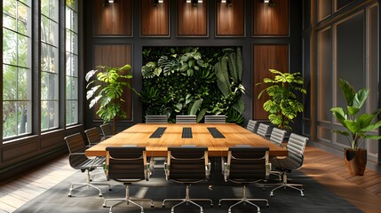 A large wooden conference table with leather chairs in an office room with dark walls and green plants