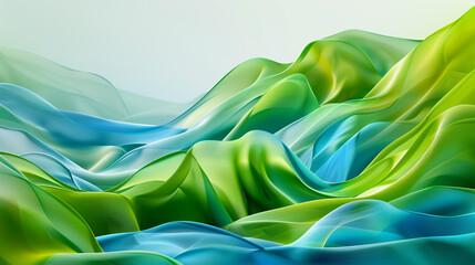 Vibrant abstract landscape with fluid green and blue shapes, evoking the lush vitality of spring fields in motion