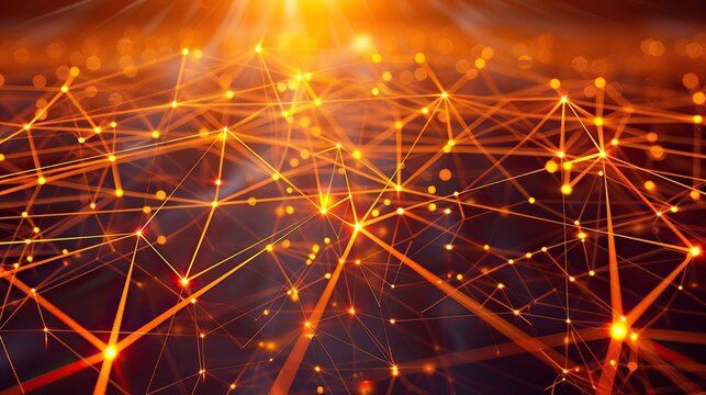 A sprawling network of orange and yellow light points connected by thin radiant beams over a shadowy backdrop specifically leaving the lower half for text placement