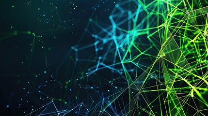 Poster - A vibrant and energetic plexus of neon green and blue lines forming a digital mesh on a dark background designed with a large open area on the right for text