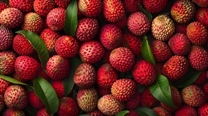 A pile of fresh lychees, red in color and with green leaves on top, is displayed against the background. freshness and deliciousness