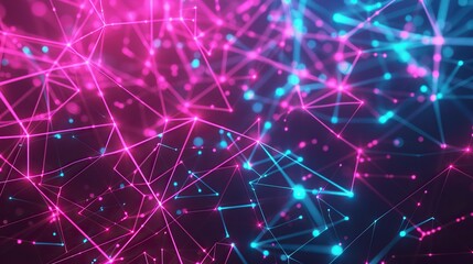 Poster - A vibrant backdrop of neon pink and electric blue nodes interconnected by fluorescent lines on a dark background optimized for high-definition with space for text on the lower left side