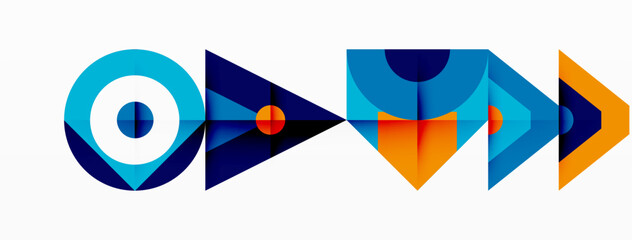 Poster - A logo design featuring a triangle and rectangle in electric blue and orange colors. Arrows symbolize direction and symmetry. The font choice adds an artistic touch to the pattern of parallel lines
