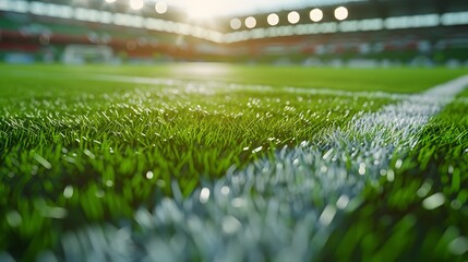 Close up of green soccer grass with white lines on the field, blurred stadium background.