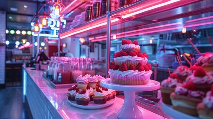 Confectionery with bright neon lights. Cakes, cupcakes and other desserts are displayed on the counter.