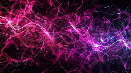 Wall Mural - A visually striking plexus of magenta and violet lines and nodes that twist and turn on a jet-black background including a significant amount of copy space for text integration