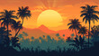 Stunning sunset view casting warm orange hues over a tropical landscape filled with palm trees and distant mountains.