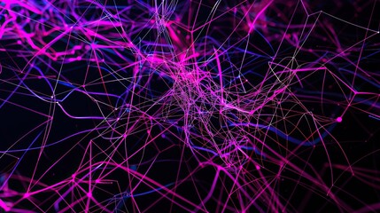 Wall Mural - A visually striking plexus of magenta and violet lines and nodes that twist and turn on a jet-black background including a significant amount of copy space for text integration