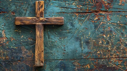 Canvas Print - rustic wooden cross on textured background copy space for text or image faith and spirituality concept photo