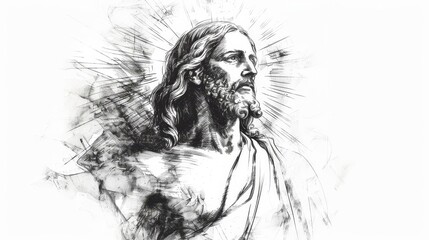 spiritual sketch of jesus christ with radiant light and copy space handdrawn charcoal illustration on white background