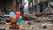 wartorn city teddy bear with balloons amidst destruction childrens innocence lost