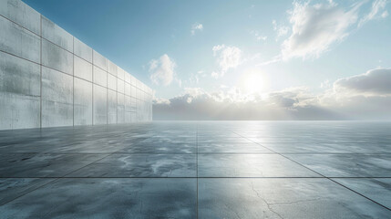 A large empty building with a clear blue sky above it