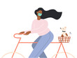 Woman wearing mask riding a bike with puppy casually