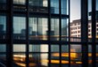 Artistic blur of office windows, reflections of the bustling city outside, generative AI