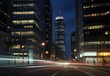 Dynamic view of a business district at twilight, lights blurring into the evening, generative AI