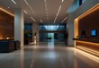 Corporate office lobby, sleek designs with ambient lighting and no people, generative AI