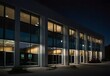 Nighttime office exterior, windows aglow with energy-efficient lighting, generative AI