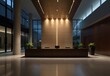Corporate office lobby, sleek designs with ambient lighting and no people, generative AI