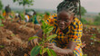 A young African woman carefully planting small seedlings in fertile soil, focused on agriculture.