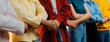 © Summit Art Creations - Panoramic banner young asian startup company employee wearing colorful casual wear stand in line and join hand together symbolize creative teamwork, job employment, HR agency recruitment. Synergic