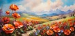 Beautiful spring landscape with colorful poppy flowers in mountains. Horizontal oil painting,