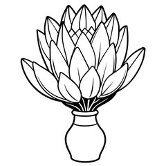 Protea flower outline illustration coloring book page design, Protea flower black and white line art drawing coloring book pages for children and adults