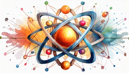 watercolor particle model of the atom isolated on white background. Hand drawn physics symbol illustration