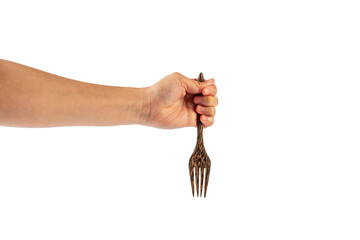 Wall Mural - Hand and wooden fork on transparent background