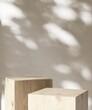 Two modern wooden gray cuboid table podium in sunlight on white wall room. Luxury cosmetic, skincare, beauty, body, hair care, treatment, fashion product display background 3D