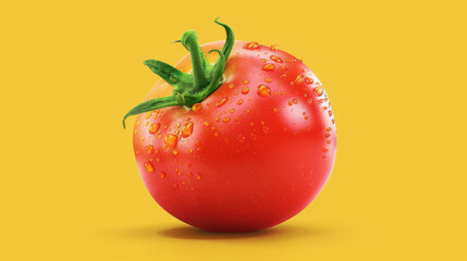 Wall Mural - Close-up image of a fresh, ripe red tomato with water droplets on a bright yellow background.