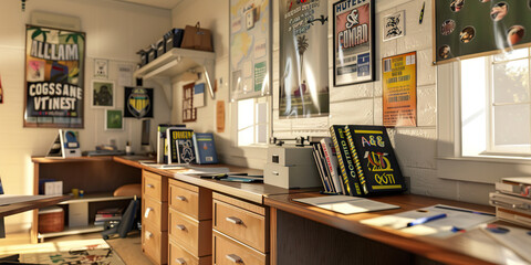 College Station Commune: A shared study desk in a dorm room at University, with posters and textbooks scattered about