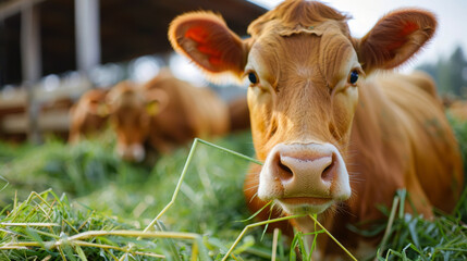 Wall Mural - A detailed close-up of a brown cow peacefully grazing in a lush green pasture with other cows in the background.