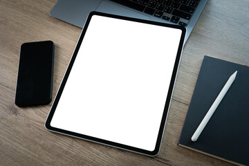 Poster - hand holding tablet pc display technology business communication device blank screen mockup