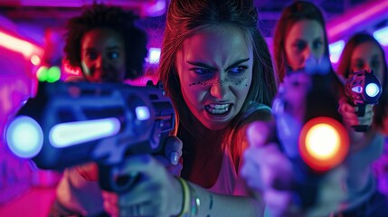 friends having fun at laser tag, shooting each other with their guns in an indoor setting illuminated by neon lights. The scene is vibrant and dynamic. copy space for text.