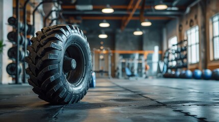 Wall Mural - Heavy tire positioned strategically in a well-lit training area with visible gym gear in the background