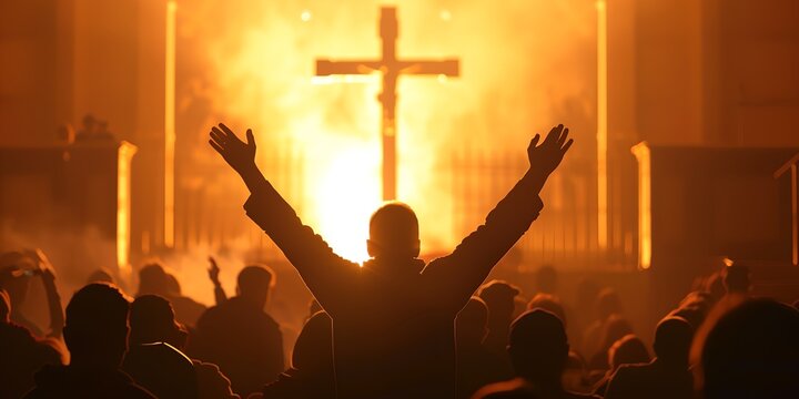 a person raising their hands in front of a cross in the background of a crowd of people at a religious event