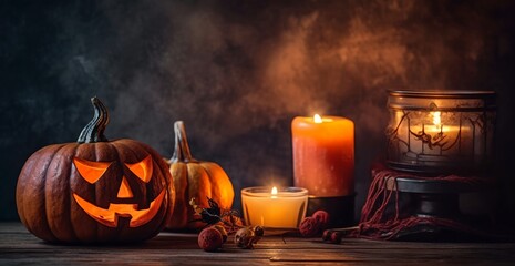 Wall Mural - a group of Halloween pumpkins with candles in the background