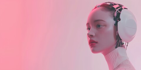 Poster - woman with headphones on her ears and a pink background