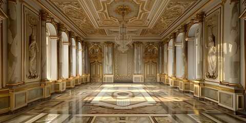 a large room with a marble floor and gold trimmings