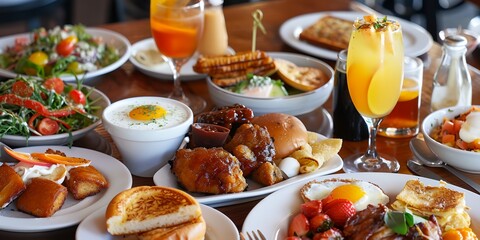 Wall Mural - a table full of food and drinks on it's side, including bread, salad, and eggs