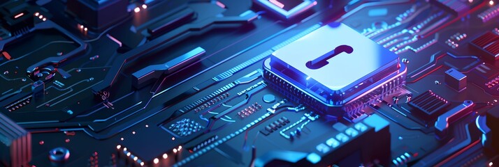 Poster - computer processor with a padlock on top of it's motherboard in a futuristic environment with red and blue lights