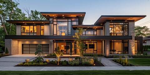 Canvas Print - a modern house with a lot of windows and a lot of plants in the front yard of it at dusk