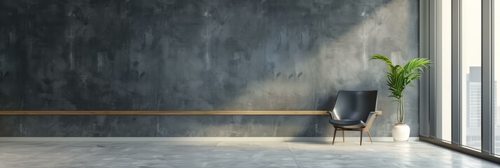 Poster - chair and a plant in a room with a large window and a concrete wall