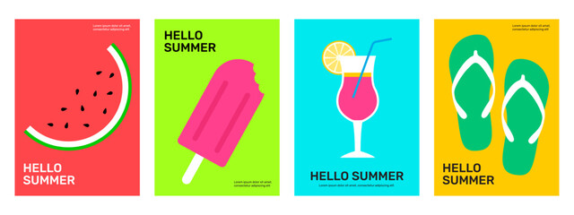 Set of summer poster collection. Watermelon, ice cream, cocktail, flipflop. Season event invitation, cover, promo, flyer, banner. Flat vector illustration in minimalistic style.